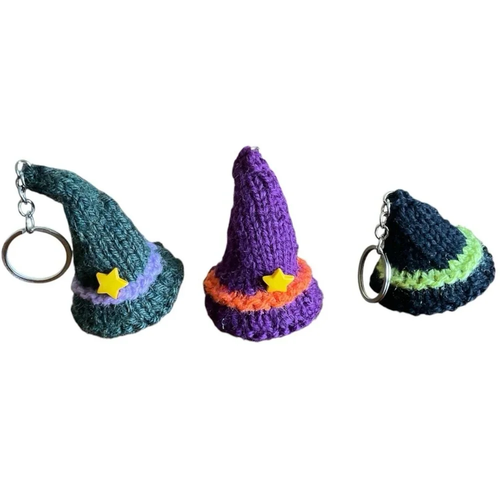 Handmade Witch Hat Key Chain Knitted Halloween Keyring Charm Lot of 3 Charms‎